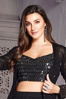 Picture of Smashing Black Indo-Western Lehenga Choli with Long Jacket for Sangeet and Reception