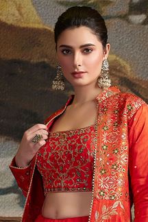 Picture of Divine Banarasi Silk Indo-Western Rust Orange Lehenga Choli with Long Jacket for Wedding and Sangeet