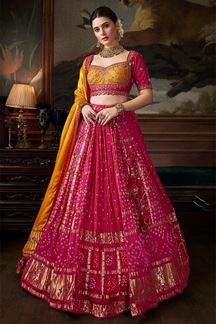 Picture of Appealing Pink and Yellow Bandhani Designer Lehenga Choli for Wedding