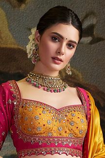 Picture of Appealing Pink and Yellow Bandhani Designer Lehenga Choli for Wedding