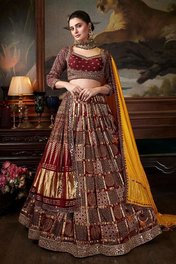 Picture of Exquisite Maroon Ajrakh Print Lehenga Choli for Wedding