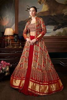Picture of Aesthetic Red IndoWestern Lehenga Choli with Long Jacket for Wedding