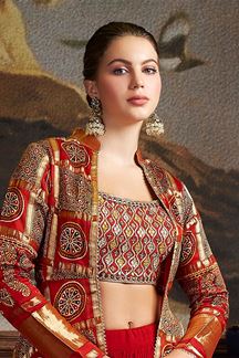Picture of Aesthetic Red IndoWestern Lehenga Choli with Long Jacket for Wedding