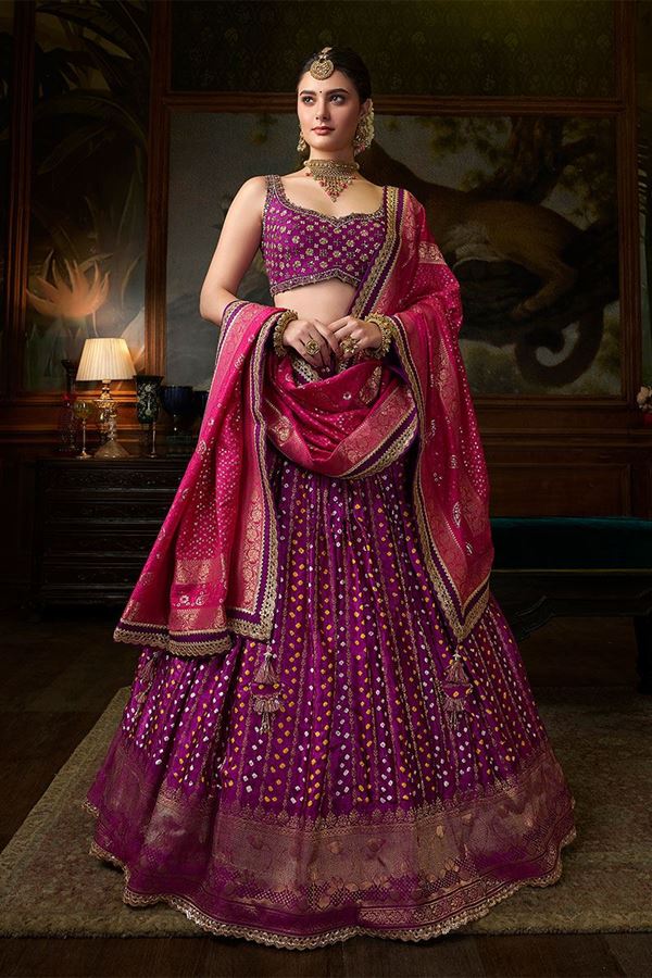 Picture of Lovely Purple Bandhani Designer Lehenga Choli for Wedding and Sangeet