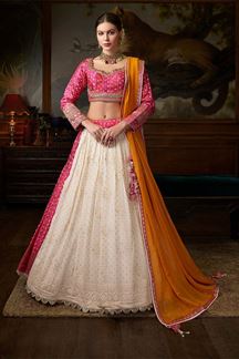 Picture of Artistic Pink and Off-White Designer Lehenga Choli for Wedding and Sangeet