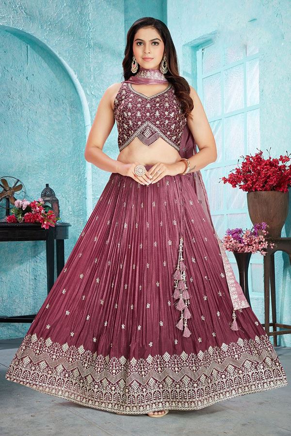 Picture of Surreal Mauve Crepe Designer Indo-Western Lehenga Choli for Engagement and Reception