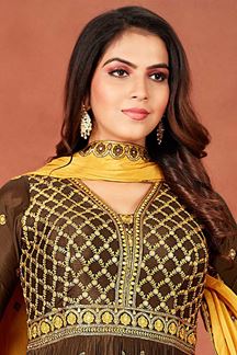 Picture of Impressive Brown and Yellow Designer Anarkali Suit for Haldi and Mehendi