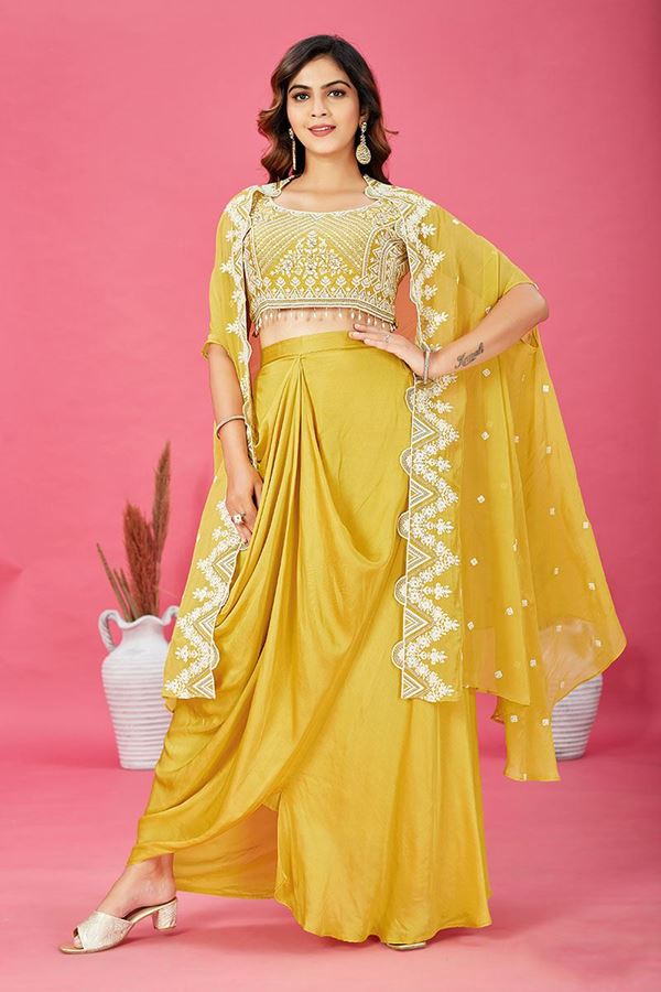 Picture of Smashing Yellow Designer Indo-Western Salwar Suit for Haldi, Mehendi, and Sangeet