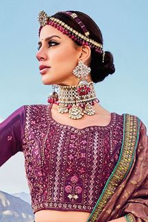 Picture of Attractive Magenta and Peach Banarsi Lehenga Choli for Wedding and Reception