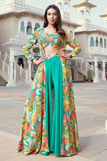Picture of Classy Sea Green Printed Indo-Western Suit with Jacket for Haldi and Mehendi