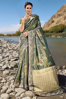 Picture of Astounding Green Pure Banarasi Silk Designer Saree for Wedding, Engagement and Reception