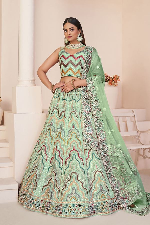 Picture of Delightful Pista Green Net Designer Lehenga Choli for Sangeet and Engagement