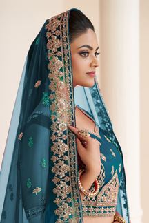 Picture of Astounding Blue Net Designer Bridal Lehenga Choli for Wedding and Sangeet