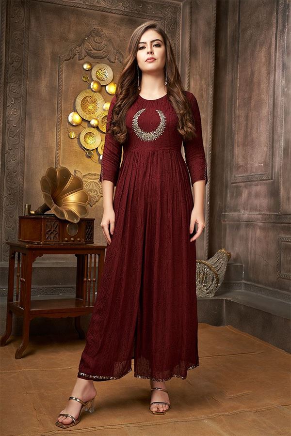 Picture of Stunning Maroon Designer Jumpsuit for Party