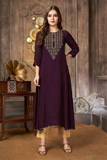 Picture of Captivating Wine Long Designer Kurti for Party