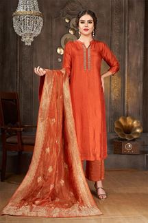 Picture of Awesome Orange Designer Straight-cut Salwar Suit for Haldi and Festive occasions 
