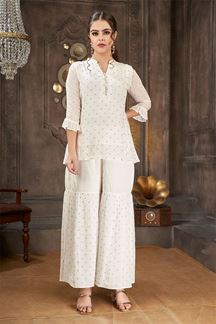 Picture of Mesmerizing White Georgette Designer Gharara Style Suit with Short Top for Party