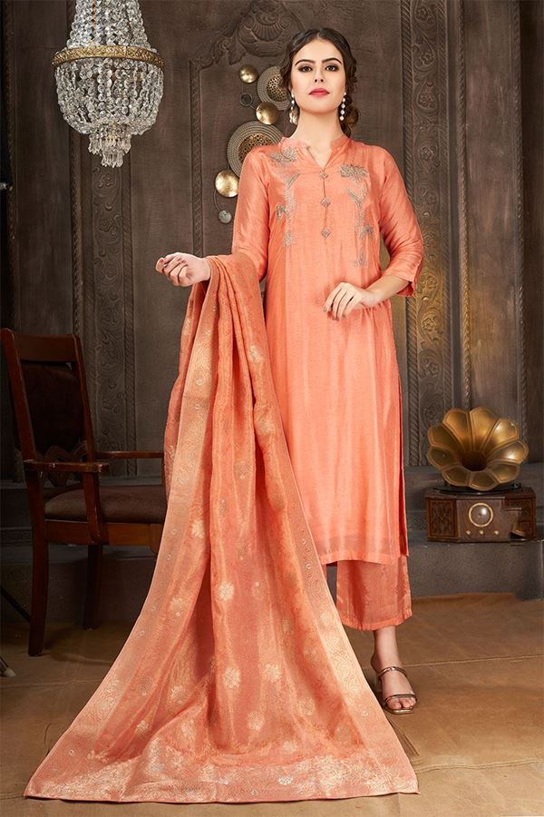 Picture of Alluring Light Orange Art Silk Designer Salwar Suit for Wedding and Party