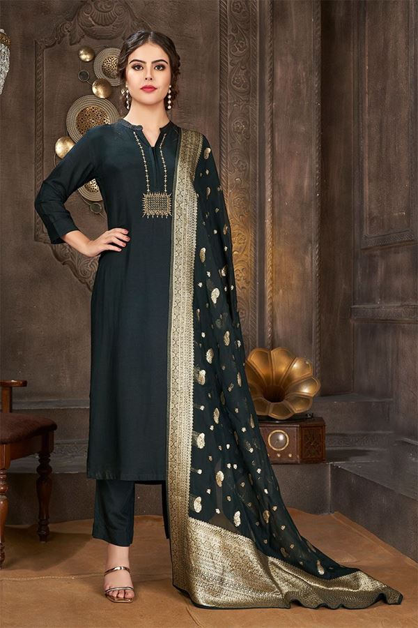 Picture of Marvelous Dark Green Art Silk Designer Salwar Suit for Mehendi and Festive occasions