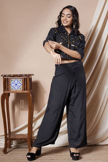Picture of Captivating Black Designer Crop Top and Pant Suit for Party
