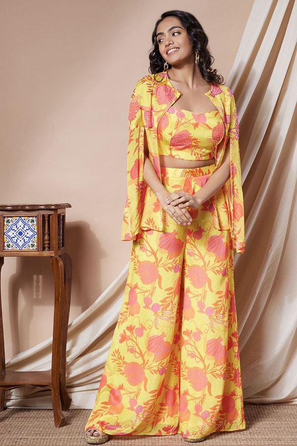 Picture of Spectacular Yellow and Pink Floral Printed Designer Indo-Western Suit for Haldi and Mehendi