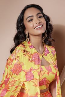 Picture of Spectacular Yellow and Pink Floral Printed Designer Indo-Western Suit for Haldi and Mehendi