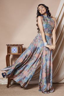 Picture of Dazzling Silk Designer Coord Set with Crop top and Palazzo Pants for Haldi and Partywear 