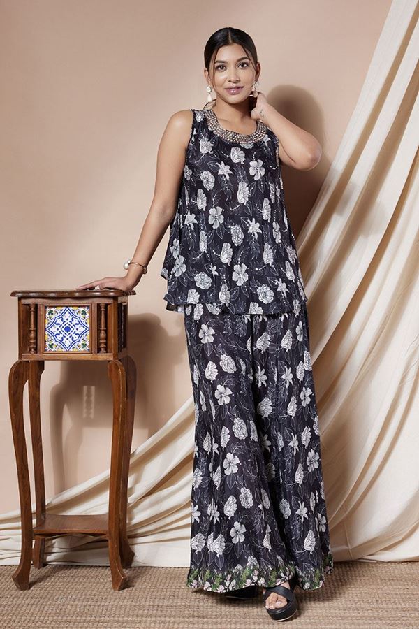 Picture of Mesmerizing Black Silk Floral Printed Designer Co-Ord Suit for Party