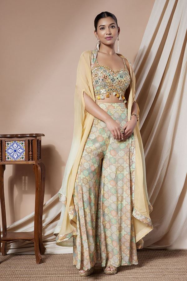 Picture of Striking Yellow Designer Indo-Western Suit with Cape for Haldi and Mehendi