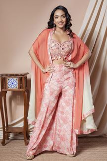 Picture of Fashionable Pink Designer Indo-Western Suit with Cape for Haldi and Mehendi