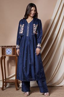 Picture of Vibrant Navy Blue Designer Indo-Western Suit for Party and Festive occasions