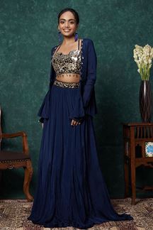 Picture of Lovely Navy Blue Designer Indo-Western Suit with Mirror Work for Sangeet and Party