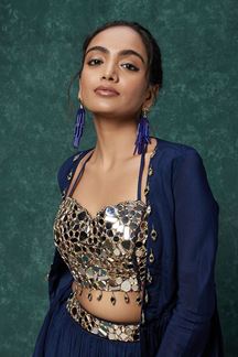 Picture of Lovely Navy Blue Designer Indo-Western Suit with Mirror Work for Sangeet and Party