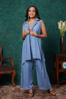 Picture of Marvelous Solid Sky Blue Designer Co-Ord Set with Jacket for Party