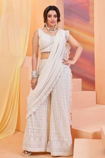 Picture of Marvelous White Designer Indo-Western Drape Suit for Engagement and Reception
