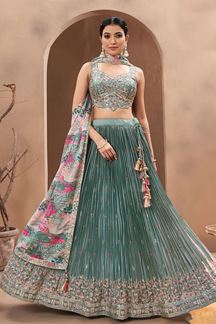 Picture of Exquisite Turquoise Designer Indo-Western Lehenga Choli for Sangeet and Reception