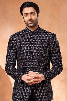 Picture of Spectacular Navy Blue Designer Menswear Bandhgala Jacket for Engagement and Sangeet