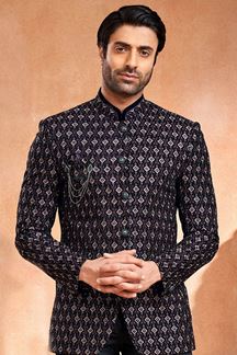 Picture of Spectacular Navy Blue Designer Menswear Bandhgala Jacket for Engagement and Sangeet