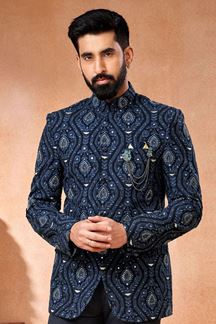 Picture of Royal Blue Embroidered Menswear Bandhgala Jodhpuri Jacket for Sangeet and Reception