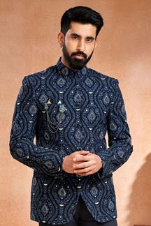 Picture of Royal Blue Embroidered Menswear Bandhgala Jodhpuri Jacket for Sangeet and Reception