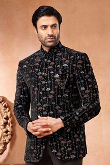 Picture of Vibrant Black Embroidered Velvet Menswear Bandhgala Jacket for Engagement and Sangeet