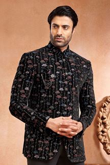 Picture of Vibrant Black Embroidered Velvet Menswear Bandhgala Jacket for Engagement and Sangeet