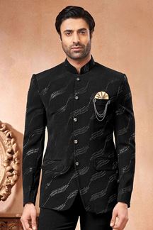 Picture of Awesome Black Designer Mens Wear Bandhgala Jodhpuri Jacket for Sangeet and Reception