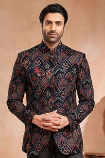 Picture of Delightful Black Velvet Embroidered Menswear Jodhpuri Jacket for Engagement and Sangeet