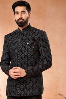 Picture of Artistic Black Velvet Designer Bandhgala Menswear Jacket for Engagement, and Reception