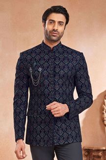 Picture of Enticing Blue Embroidered Designer Bandhgala Jodhpuri Menswear Jacket for Engagement and Sangeet