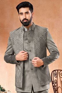 Picture of Aesthetic Grey Designer Menswear Jodhpuri Open Jacket for Engagement and Sangeet