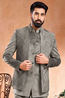 Picture of Aesthetic Grey Designer Menswear Jodhpuri Open Jacket for Engagement and Sangeet