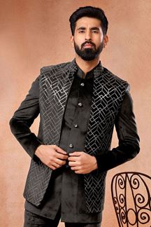 Picture of Exquisite Black Designer Jodhpuri Menswear Open Jacket for Sangeet and Reception