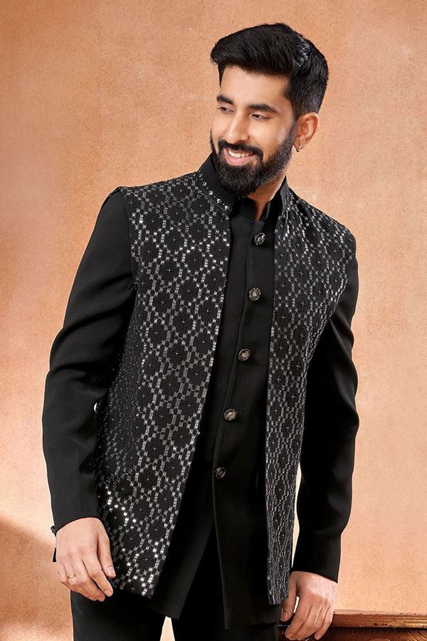 Picture of Exuberant Black Designer Jodhpuri Menswear Open Jacket for Engagement and Sangeet
